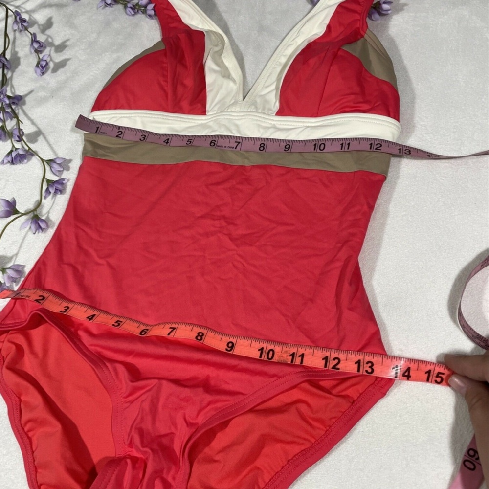 NWT DKNY [SZ 6 ] Colorblock V Neck Maillot One Piece Swimsuit‎ Coral - Picture 5 of 12